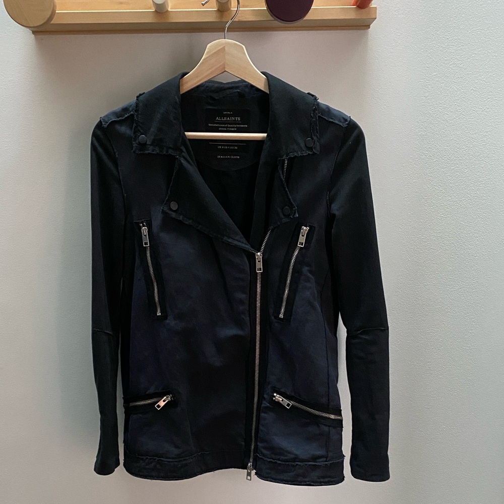 All Saints Black Women's Hakusan Linen & Cotton Biker Style Jacket